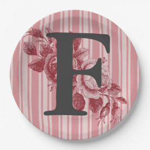 Assiettes En Carton Monogramme sur motif floral de roses rouges et ros