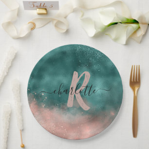 Assiettes En Carton Monogramme Turquoise et doux Pink Ombre Foil