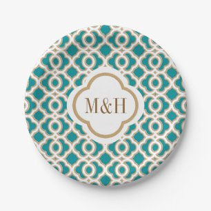 Assiettes En Carton Monogramme Turquoise et or Mariage marocain