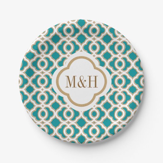 Assiettes En Carton Monogramme Turquoise et or Mariage marocain (Devant)