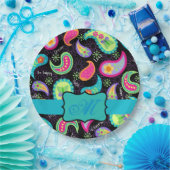 Assiettes En Carton Monogramme Turquoise Noir Mod Personnalisé Paisley (Fête)