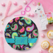 Assiettes En Carton Monogramme Turquoise Noir Mod Personnalisé Paisley (Fête)