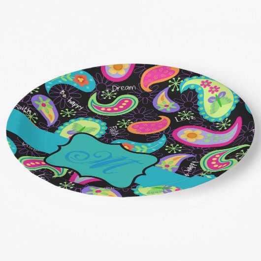 Assiettes En Carton Monogramme Turquoise Noir Mod Personnalisé Paisley (Angle)