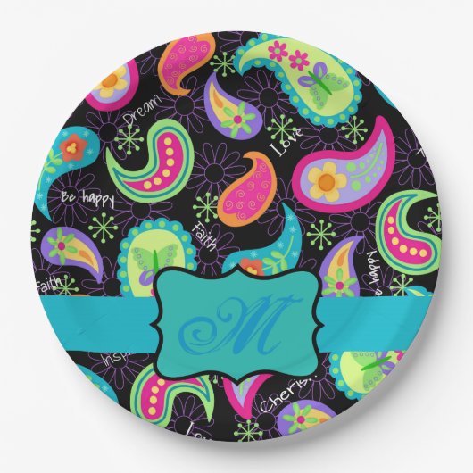 Assiettes En Carton Monogramme Turquoise Noir Mod Personnalisé Paisley (Devant)