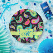 Assiettes En Carton Monogramme vert citron noir personnalisé Paisley (Fête)