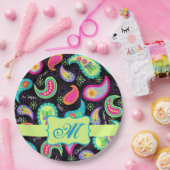 Assiettes En Carton Monogramme vert citron noir personnalisé Paisley (Fête)