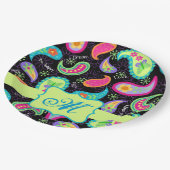 Assiettes En Carton Monogramme vert citron noir personnalisé Paisley (Angle)