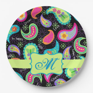 Assiettes En Carton Monogramme vert citron noir personnalisé Paisley