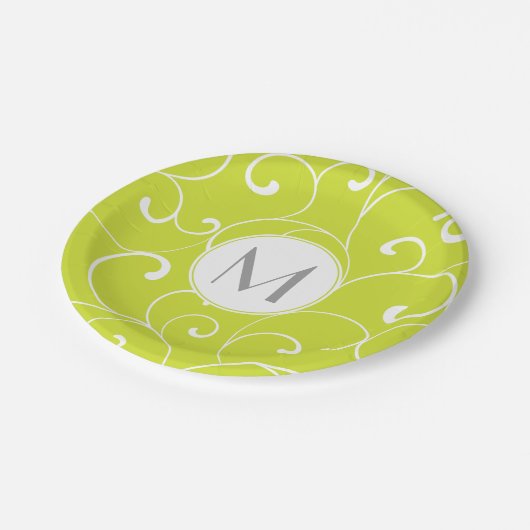 Assiettes En Carton Monogramme vert de chaux de boucles lunaires moder (Angle)