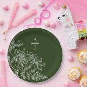 Assiettes En Carton Monogramme vert moderne Plaque en papier floral (Fête)