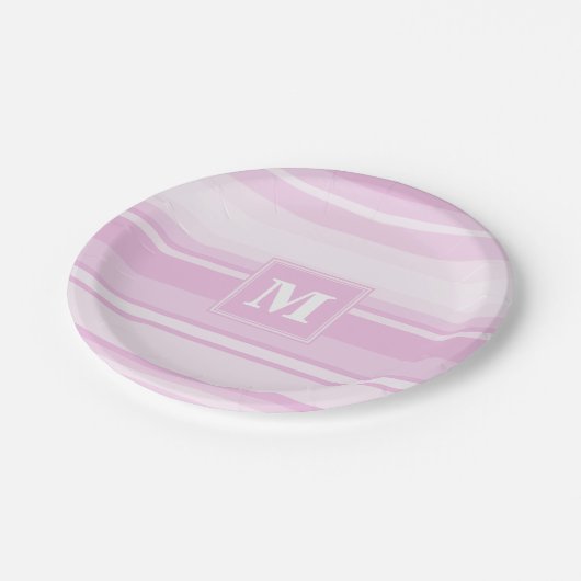 Assiettes En Carton Monogrammes à rayures roses pour bébé (Angle)