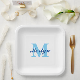Assiettes En Carton Monogrammes Bleu Anniversaires Baby Showers Élégan