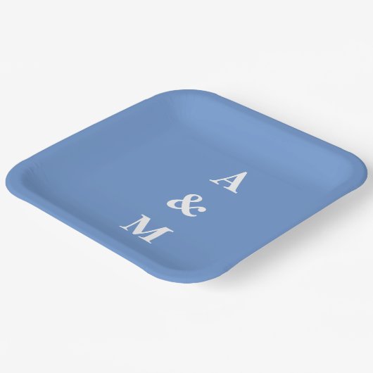 Assiettes En Carton Monogrammes bleu fleur Initiales Mariage élégant (Angulaire)
