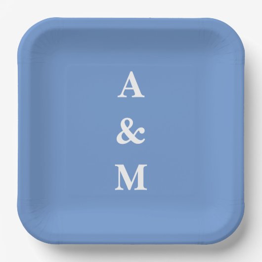 Assiettes En Carton Monogrammes bleu fleur Initiales Mariage élégant (Recto)