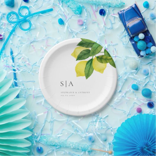 Assiettes En Carton Monogrammes Citrus citron Mariage de verdure (Fête)