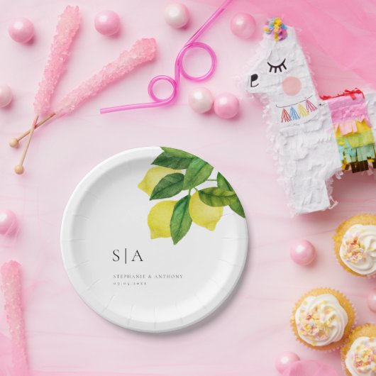 Assiettes En Carton Monogrammes Citrus citron Mariage de verdure (Fête)