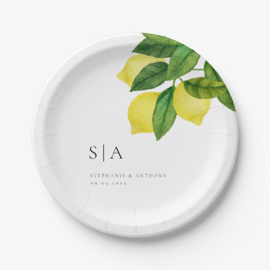 Assiettes En Carton Monogrammes Citrus citron Mariage de verdure (Devant)