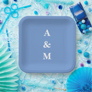 Assiettes En Carton Monogrammes Initiales Bleu Bleuet Élégant Mariage