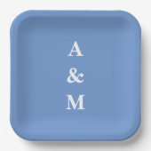 Assiettes En Carton Monogrammes Initiales Bleu Myosotis Élégant Mariag (Recto)
