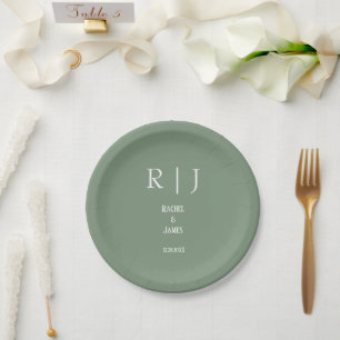 Assiettes En Carton Monogrammes Vert Sage Simple Élégant Mariage Moder