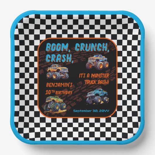 Assiettes En Carton Monster Truck Bash Boy 10e fête d'anniversaire (Recto)