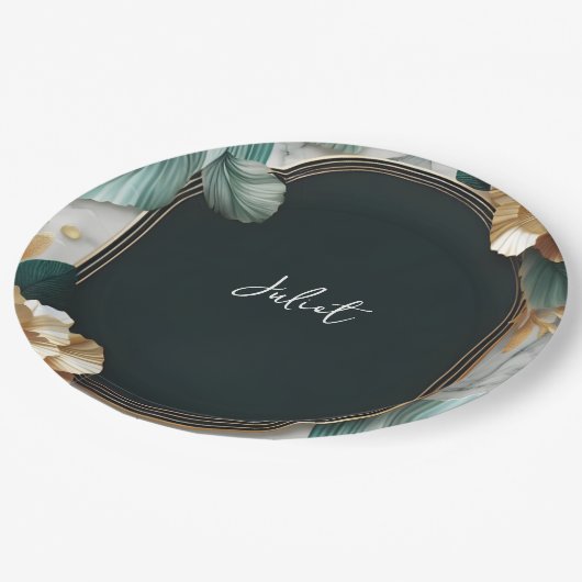 Assiettes En Carton Monstera Emerald Fête des mariées Verte Et Or (Angle)