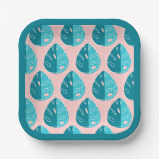 Assiettes En Carton Monstera Leaves - Blue and Pink