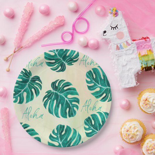 Assiettes En Carton Monstère tropicale émeraude palmier vert feuille a (Fête)