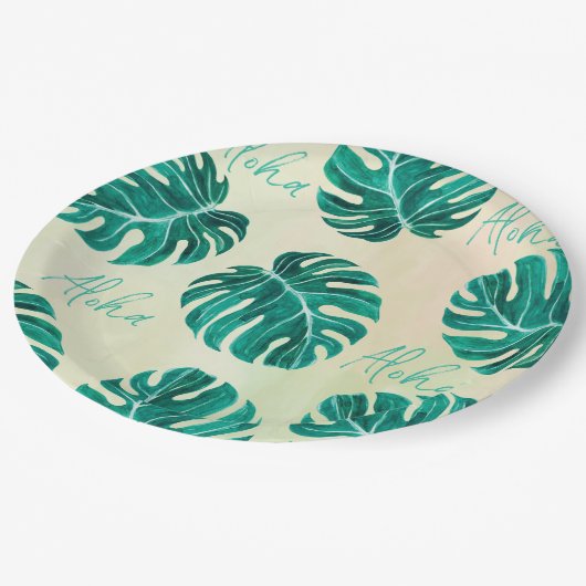 Assiettes En Carton Monstère tropicale émeraude palmier vert feuille a (Angle)