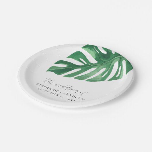 Assiettes En Carton Monstère tropicale verte Feuille Mariage d'été (Angle)
