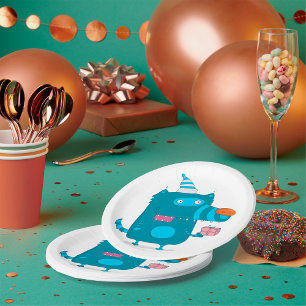 Assiettes En Carton Monstre de dessin animé bleu joueur avec chapeau d