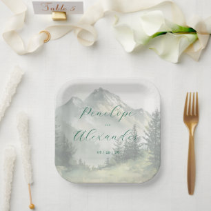 Assiettes En Carton Montagnes aquarelles vertes sereines et feutrées