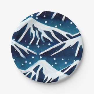 Assiettes En Carton Montagnes Retro Snowy Blue