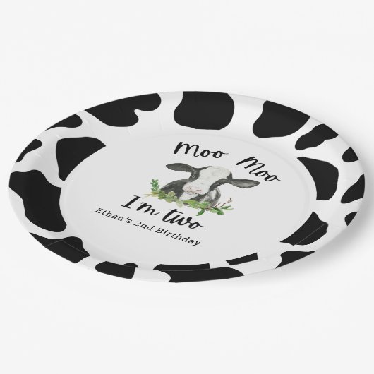 Assiettes En Carton Moo Moo Je suis Deux Vaches 2e fête d'anniversaire (Angle)