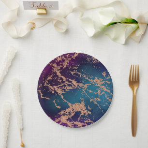 Assiettes En Carton Moody Luxe Marble   Profond violet et Turquoise or