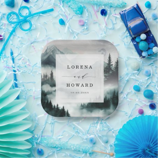 Assiettes En Carton Moody Mountain Moonlit Pine Forest Mariage (Fête)
