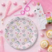 Assiettes En Carton Moon, Stars and Clouds Pattern on Rose (Fête)