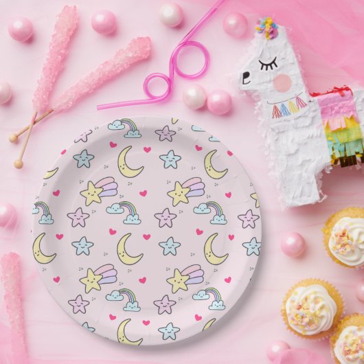 Assiettes En Carton Moon, Stars and Clouds Pattern on Rose (Fête)