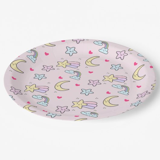 Assiettes En Carton Moon, Stars and Clouds Pattern on Rose (Angle)