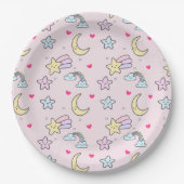 Assiettes En Carton Moon, Stars and Clouds Pattern on Rose (Devant)