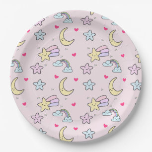 Assiettes En Carton Moon, Stars and Clouds Pattern on Rose