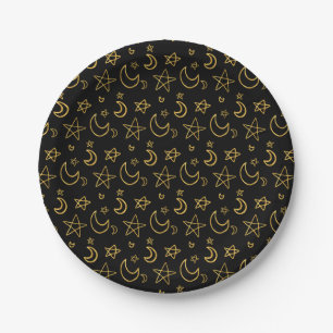 Assiettes En Carton Moons et étoiles Motif or