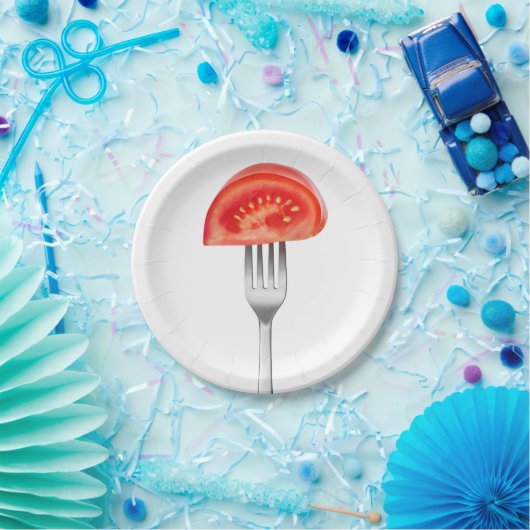 Assiettes En Carton Morceau de tomate sur une fourchette (Fête)