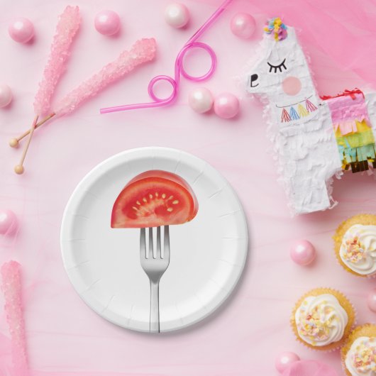 Assiettes En Carton Morceau de tomate sur une fourchette (Fête)