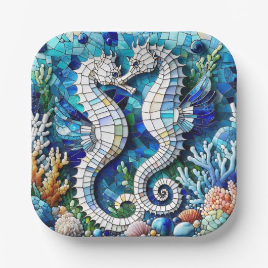Assiettes En Carton Mosaic Seahorses Romantic Beachy   (Recto)
