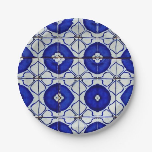 Assiettes En Carton Mosaïque marocaine d'art géométrique bleu Indigo (Devant)