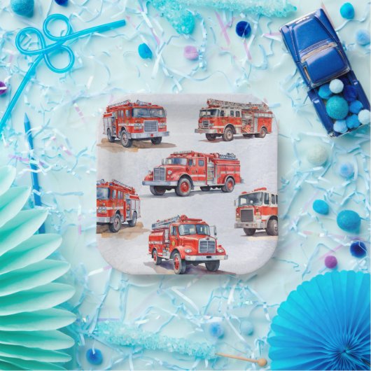 Assiettes En Carton Moteur Camion à aquarelle rouge mou (Fête)