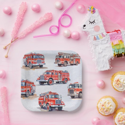 Assiettes En Carton Moteur Camion à aquarelle rouge mou (Fête)