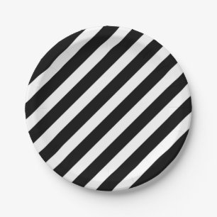 Assiettes En Carton motif à bandes diagonales noir et blanc