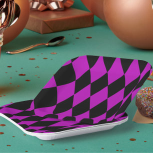 Assiettes En Carton Motif à carreaux diamants Harlequin noir violet